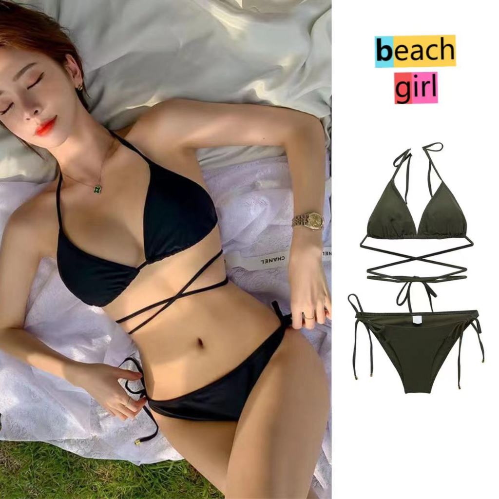 beachgirl บิกินี่ เซ็กซี่ สีดํา ชุดว่ายน้ํา ทูพีช เอวต่ำ ผ้าเนื้อดี #0052
