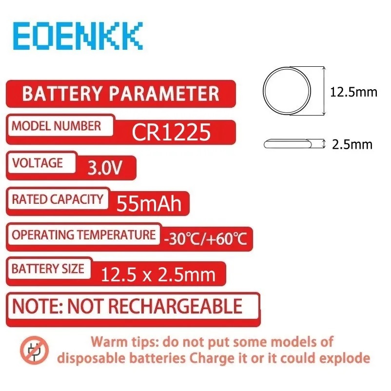 ถ่านกระดุม CR1225 5PCs BR1225 EBR1225 CR1225 3V EBR 1225 Lithium Battery Button Cell Batteries.