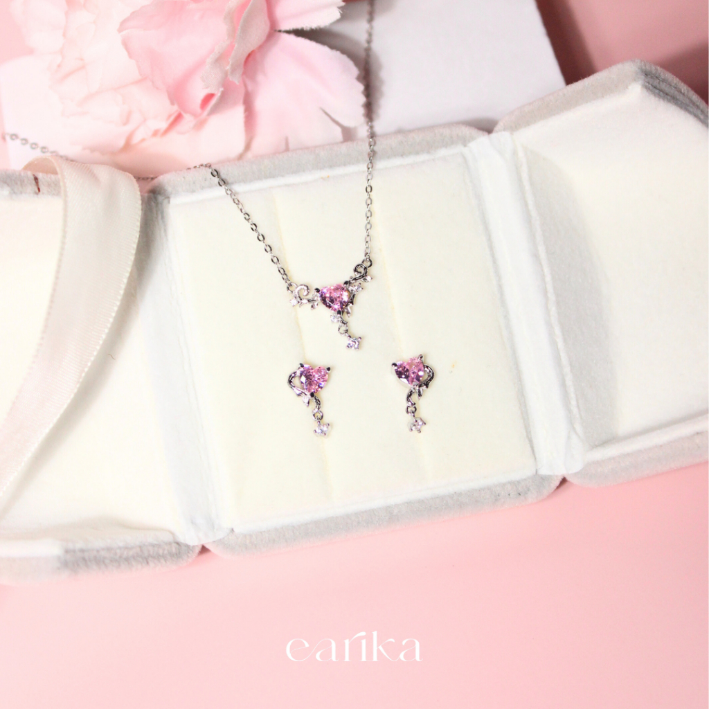 earika.earrings - Hearts & Vines set เซ็ตต่างหูและสร้อยคอหัวใจสีชมพู เงินแท้ เหมาะสำหรับคนแพ้ง่าย