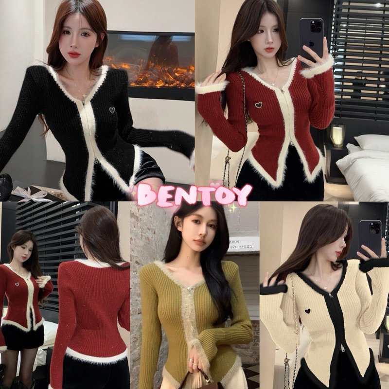 Bentoy(23896)เสื้อไหมพรมแขนยาว หน้าวี ซิปหน้า แต่งขอบขนๆ ลายกระเพชร