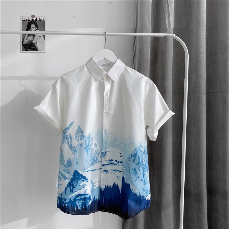 fashiongirl1688 เสื้อฮาวายผู้ชาย แฟชั่นฤดูร้อน ลายพิมพ์หลวมสบายๆ เดินชายหาดแขนสั้นรับลมเท่ๆ