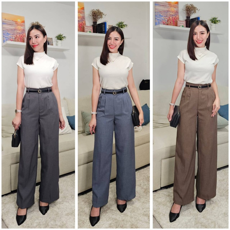 [18decem] กางเกงผ้าเอวสูง จีบหน้า มีหูเข็มขัด ทรงขากระบอก (S-XL)