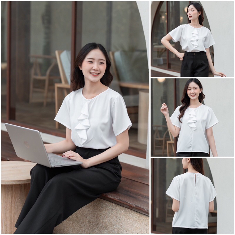 เสื้อ Blouses คอกลม ดีเทลระบาย #l154shop_w035