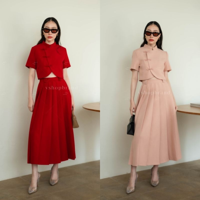 เซตกี่เพ้า 2 ชิ้น เสื้อครอปคอจีนกระดุม​เฉียง+กระโปรงจับจีบ VSHOP