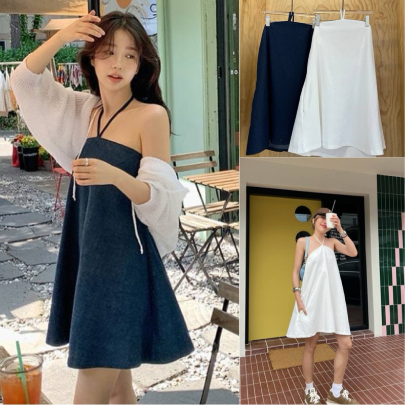 ส่งแมส 😘denim mini dress  ชุดเดรสผ้ายีนส์ตัวสั้นสายผูกคอ  น่ารักละมุนสุดๆ  VB