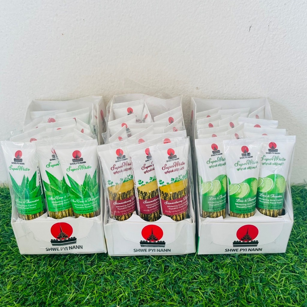 ( ยกโหล 12 ชิ้น ) โฟมล้างหน้า Super White SHWE PYI NANN สูตร มะนาว ทานาคา ว่านหางจระเข้ Facial Foam
