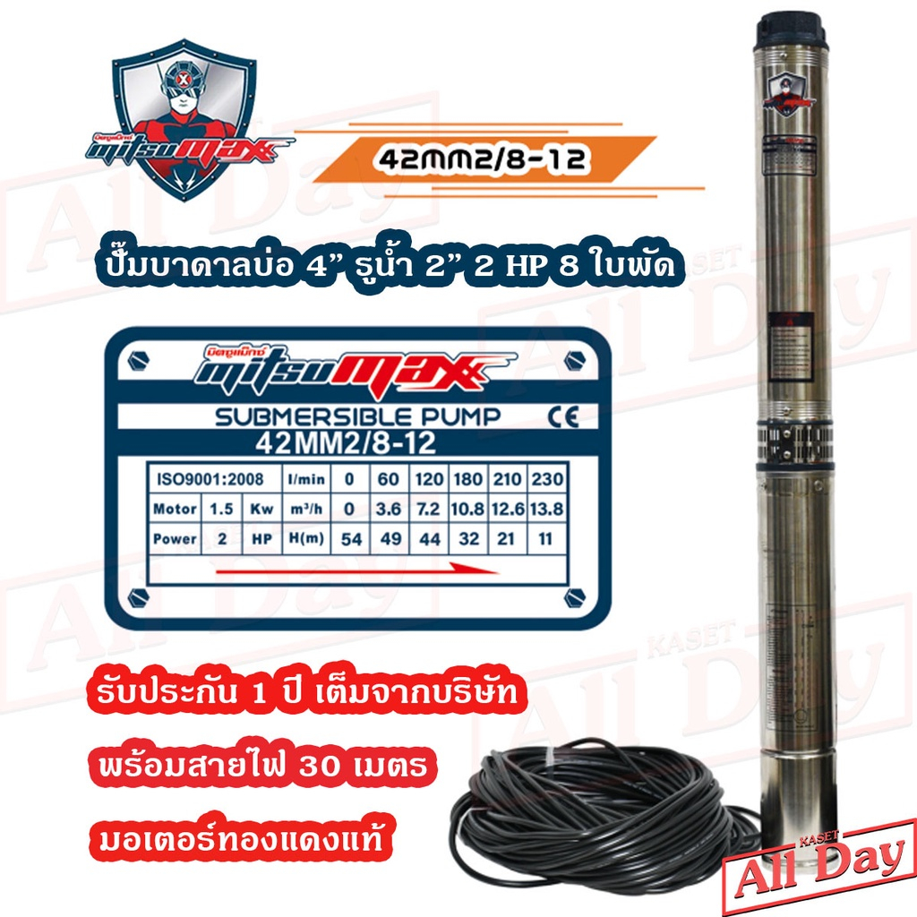 ปั๊มบาดาล MITSUMAX ซัมเมอร์ส 2 แรง 2 นิ้ว 8 ใบพัด บ่อ 4 ซับเมิร์ส ซัพเมอร์ส ปั๊มน้ำ บ่อบาดาล ดูดน้ำล