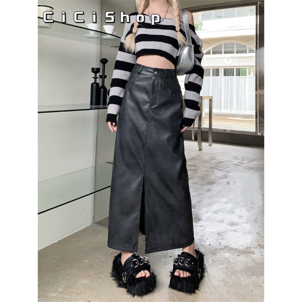 Cicishop(3026)กระโปรงยาว ผ้าหนัง ดีเทลผ่าหน้า ใส่แล้วเข้ารูปแซ่บมาก จับแมทซ์ได้ง่าย