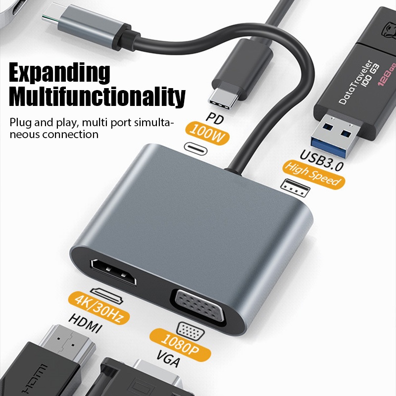 4 In 1 Hub 4K Type C to HDMI VGA USB-C อะแดปเตอร์แปลงวิดีโอ 1080P สําหรับ PC Laptop