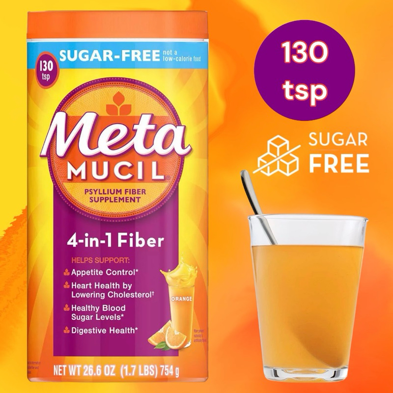 นำเข้า🇺🇸 130ช้อนขา 754g Metamucil Psyllium Husk Powder Sugar-Free 4in1 Fiber for Digestive Health 130 teaspoon 26.6 OZ