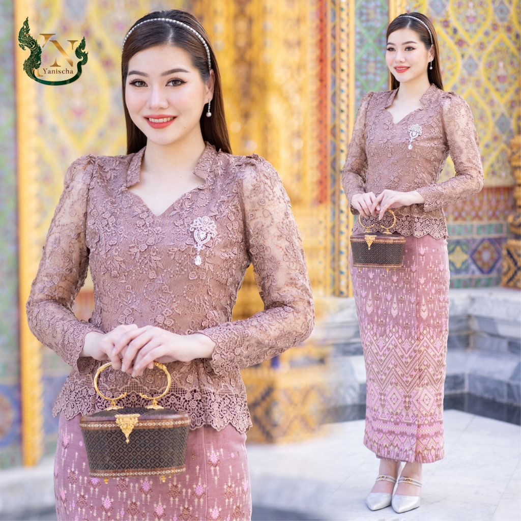 เสื้อลูกไม้ใยบวบ ลูกไม้ดอกลอย เกรดพรีเมี่ยม ผ้าถุง ทอเครื่อง - ชุดออกงาน ไปวัด ทำบุญ - (ชมพูกะปิ)