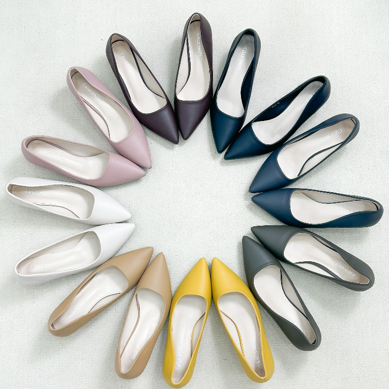 รองเท้าคัชชูผู้หญิง ส้นแชมเปญ รองเท้าคัชชูหัวแหลม ส้นสูง 2 นิ้ว หนังPU CayLaShoes (3696)