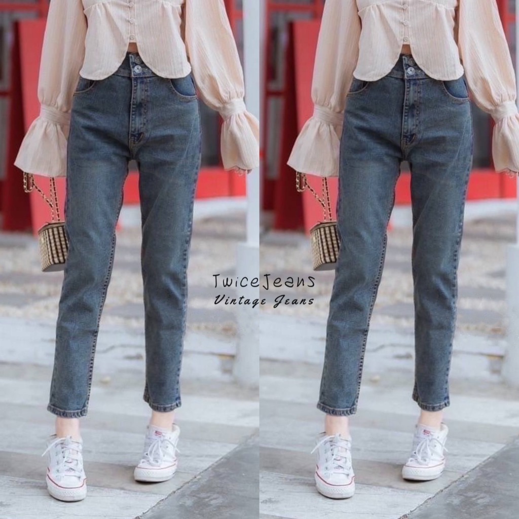 TwiceJeans กางเกงยีนส์ทรงบอยเอวสูงผ้ายืด สองกระดุมเก็บพุง เก็บทรง มี BIG ไซส์ สีสนิม