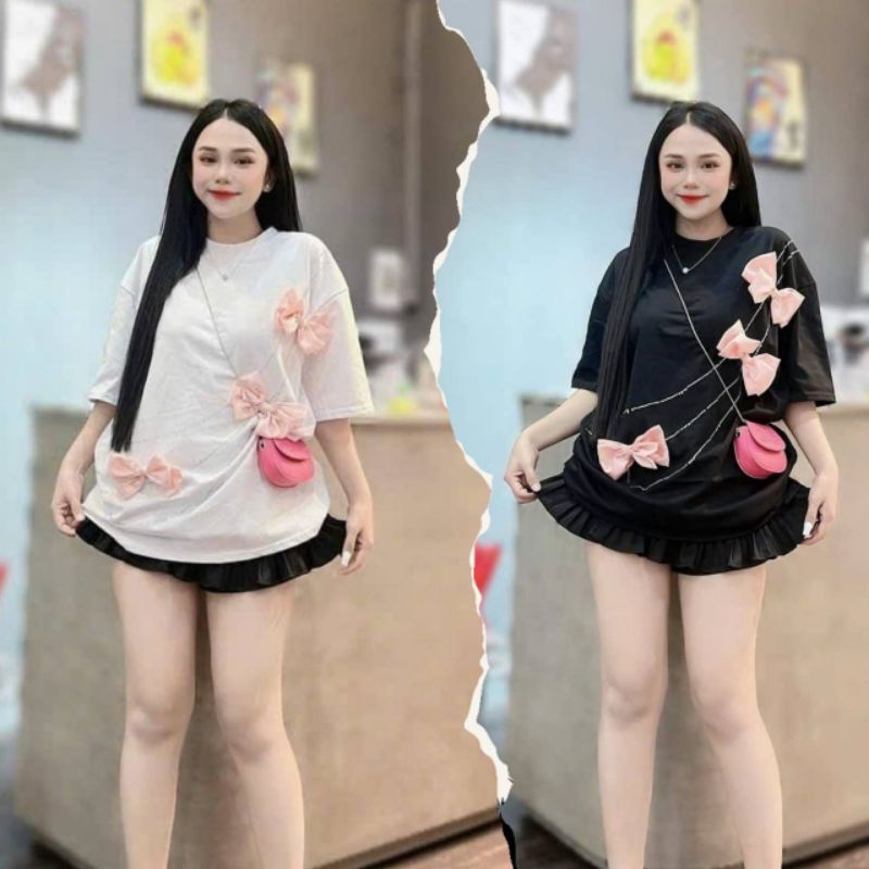 พร้อมส่ง เสื้อยืดคอกลมแขนสั้นผ้า คอตตอน 100% งานรีดเพชรแต่งโบว์พร้อมกระเป๋างานป้าย y.p.y