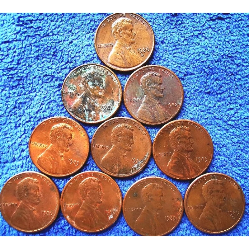 เหรียญ​สหรัฐอเมริกา​ USA, 1​Cent​ Lincoln, เรียง​ปี​ 1980-​1989, รวม 10 เหรียญ​, #​648, ใช้แล้ว