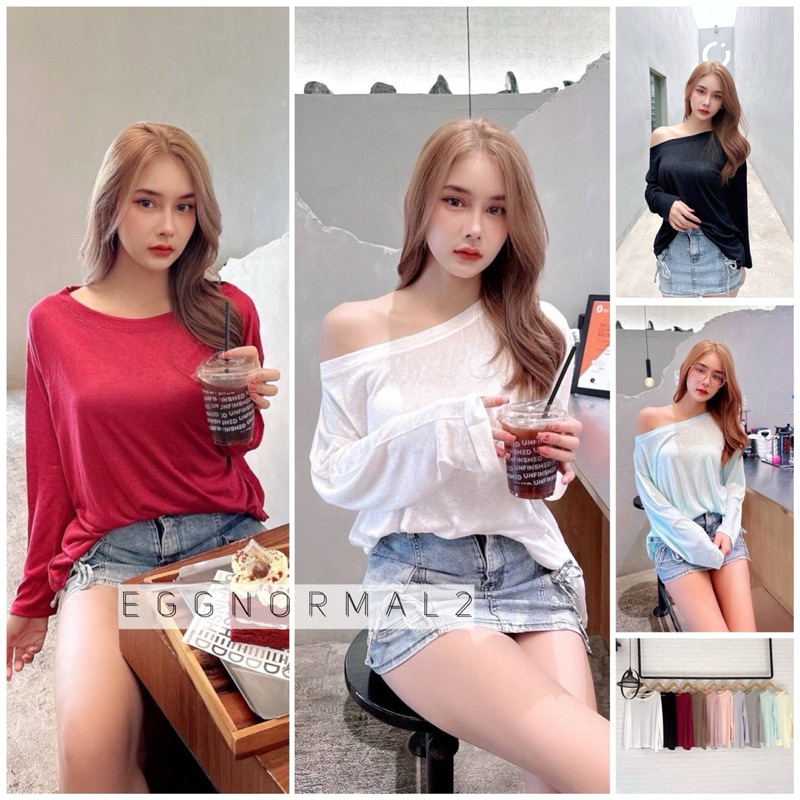TOPSHOP ❤️ T208 เสื้อคอปาดแขนยาว ผ้าสล๊าฟ