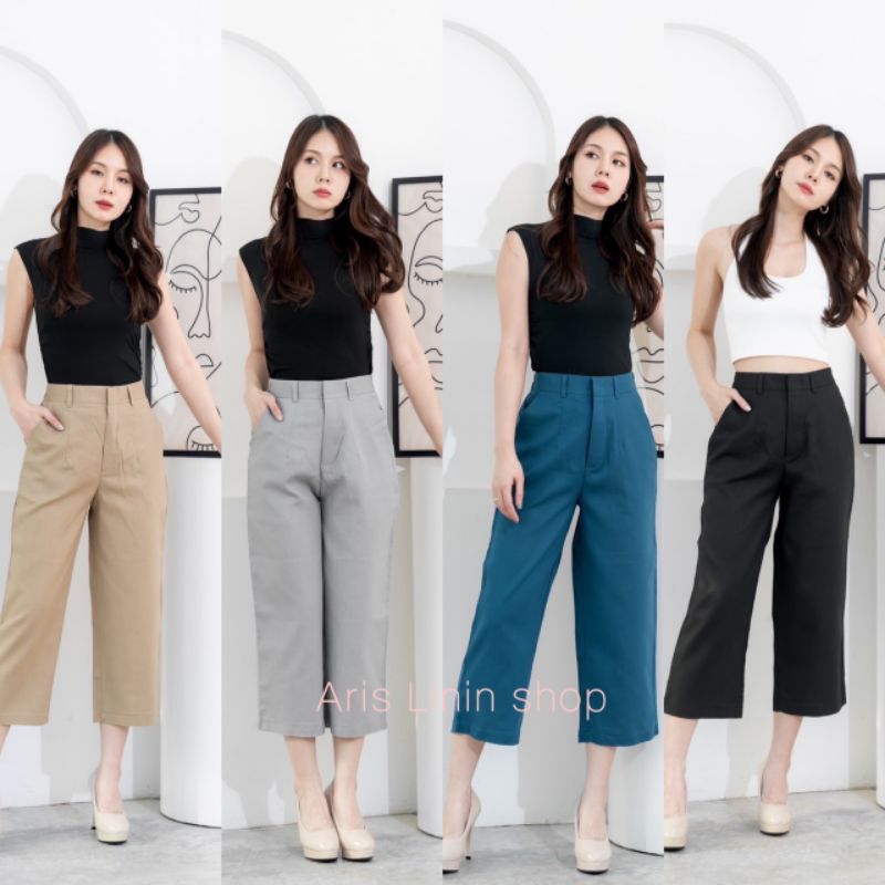 กางเกงลินินเอวสูงขายาว7ส่วนทรงกระบอกเล็กซิปหน้ามีกระเป๋าFreesize