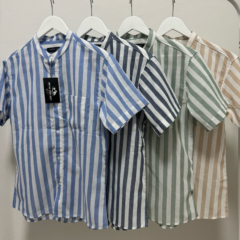 เสื้อเชิ้ตคอจีน เสื้อเชิ้ตแขนสั้นลายทาง