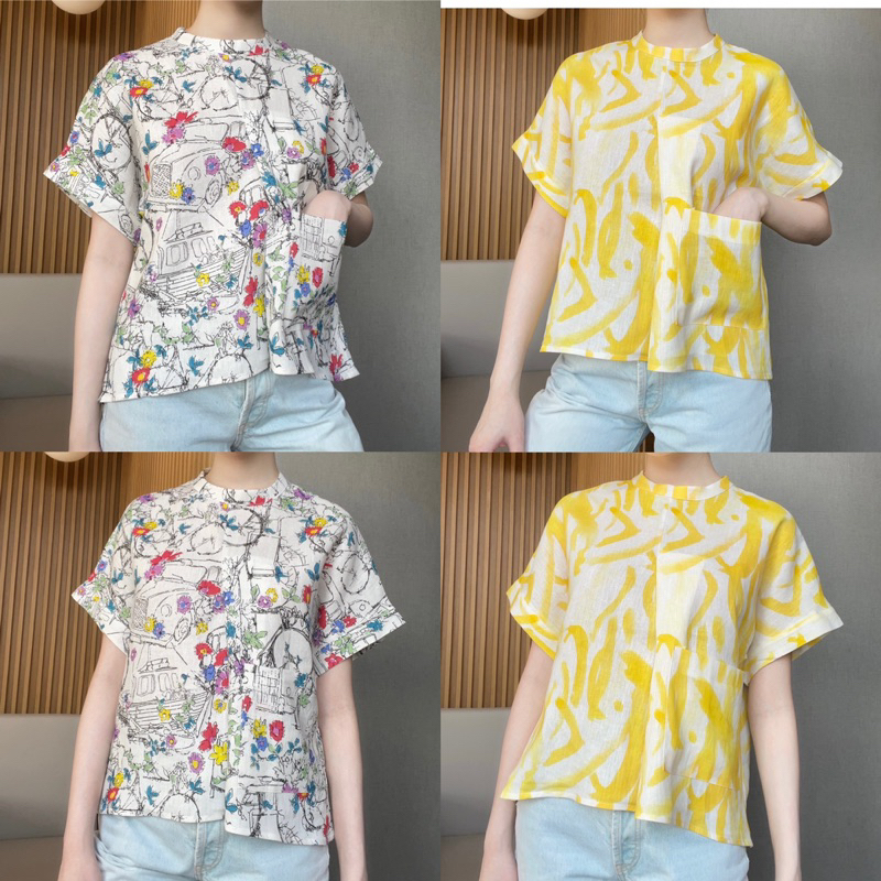 H8เสื้อคอปีนทรงโอเวอร์ไซส์แขนในตัวผ้าลินินพิมพ์ลาย