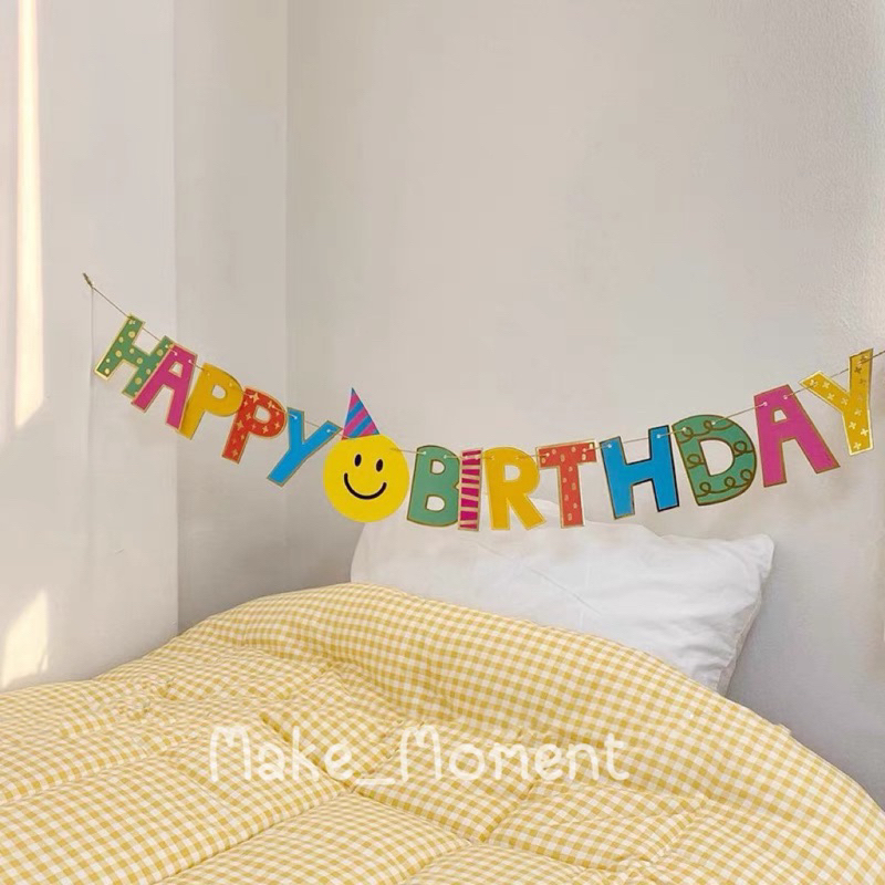 ป้าย Happy birthday ป้ายวันเกิดหน้ายิ้ม สไตล์เกาหลีน่ารักสด