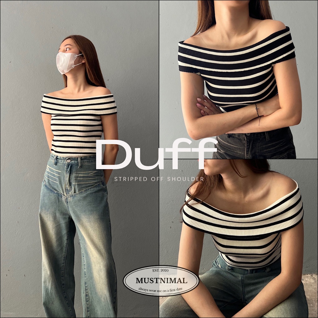 (พร้อมส่ง) MUSTNIMAL | Duff เสื้อปาดไหล่ลายทาง TP021