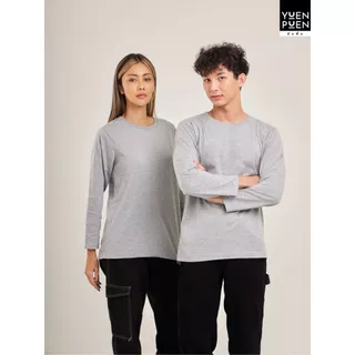 YuenPuen เสื้อยืดคอกลมแขนยาว สีเทาเข้ม ยืนพื้น ไม่ยืด ไม่ย้วย ไม่ต้องรีด สีพื้น เนื้อผ้านุ่มใส่สบาย