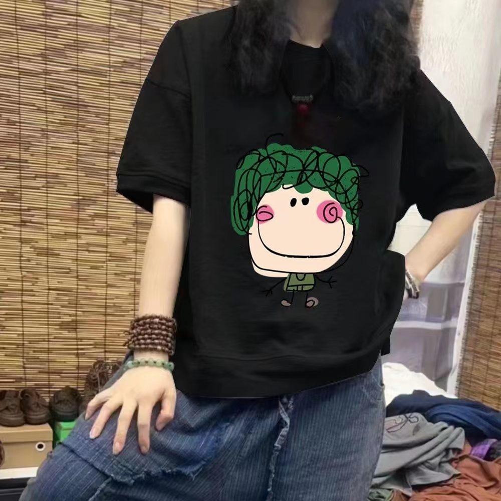 สินค้าพร้อมแล้ว เสื้อลำลอง แขนสั้นคอกลม พิมพ์ลายการ์ตูนน่ารักๆ