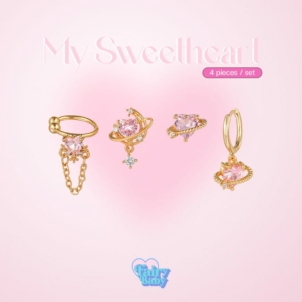 Fairybaby เซทต่างหู My Sweetheart ชุดต่างหู วาเลนไทน์ เซท 4 ชิ้น สีทอง ห่วง ต่างหู หัวใจ ตุ้มหู แฟชั่น จิว (E3-019)