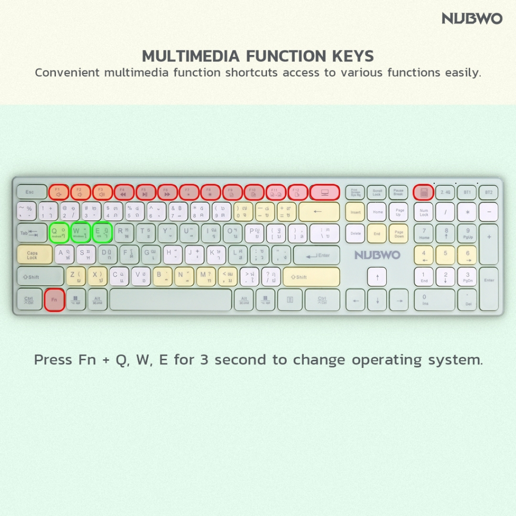 Nubwo NKM-631 Keyboard+Mouse Dual mode Wireless/Bluetooth แป้นพิมพ์ไร้สาย ชุดเมาส์คีย์บอร์ดสายหวานไร้สาย