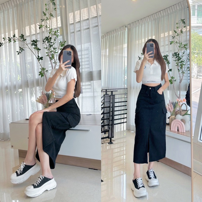 cargo Skirt B443 กระโปรงยีนส์ยาวคลุมเข่าสไตล์คาร์โก้ ผ้าไม่ยืด