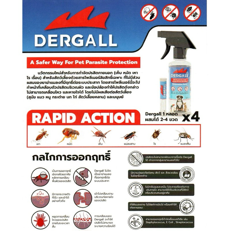 DERGALL ผลิตภัณฑ์กำจัด เห็บ หมัด ไร เหา มด ปลวก แมลงสาบ ปลอดภัยต่อผู้ใช้และเด็กอ่อน ไร้กลิ่น ใช้ในสัตว์เด็กได้