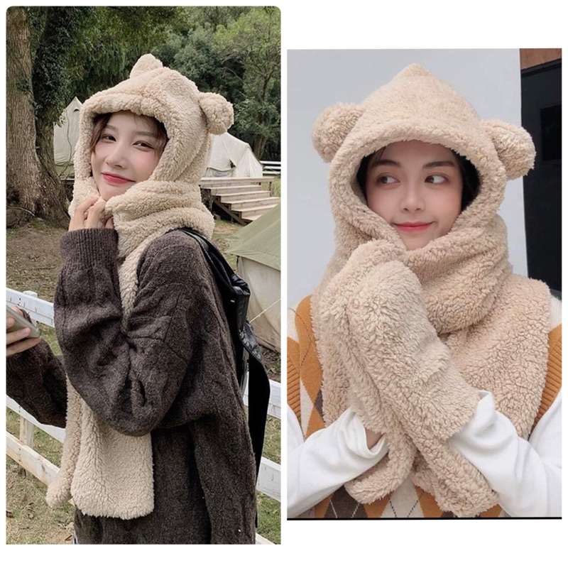 หมวกหมี หมวกบีนนี่ ผ้ากํามะหยี่ขนนิ่ม แต่งหูหมี น่ารัก สีพื้น แฟชั่น ผ้าพันคอ หูกระต่าย