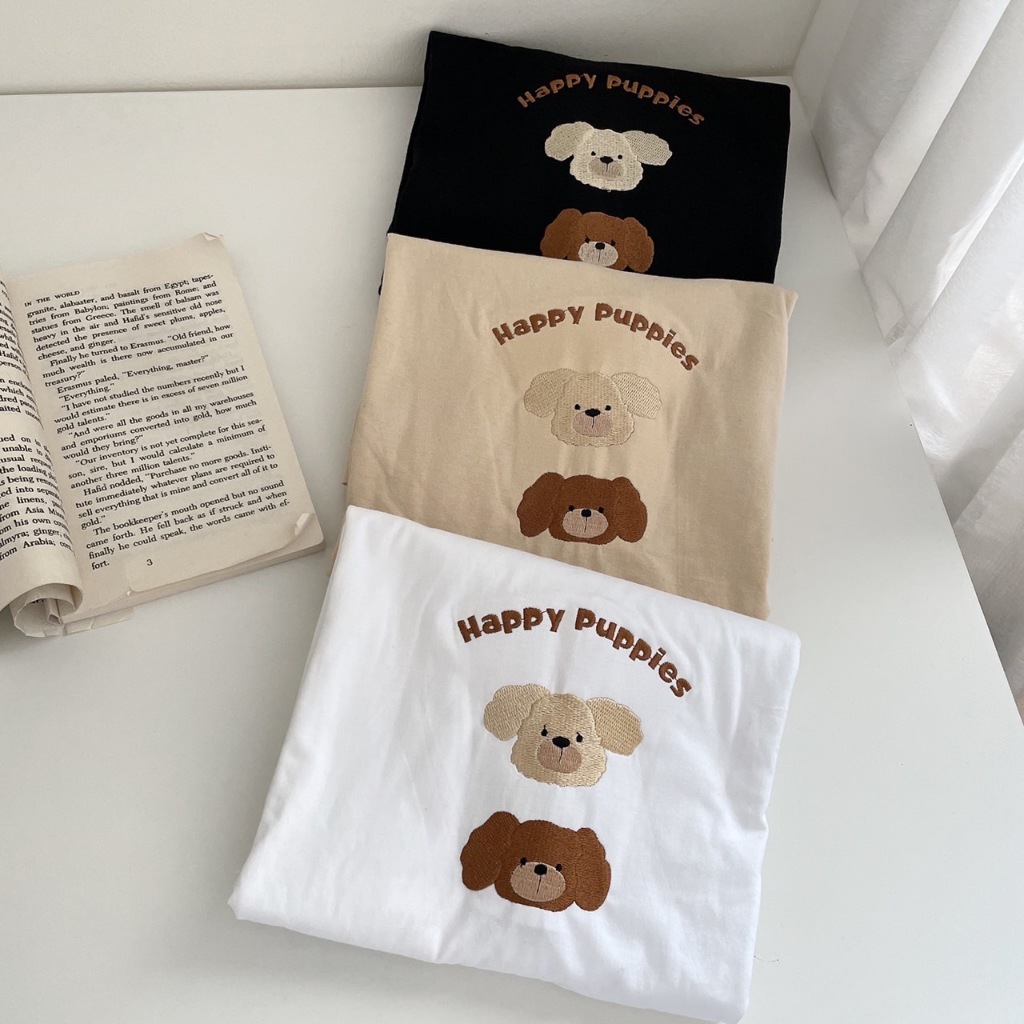 S293 เสื้อยืด oversize ผ้าคอตตอน ปัก happy puppies