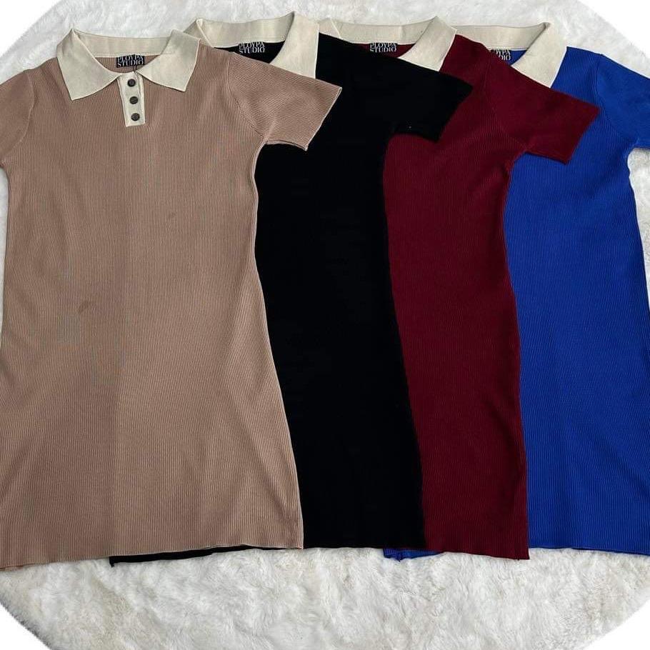 มินิเดรสไหมพรมคอปกครีมมีกระดุมสีพื้น(490)