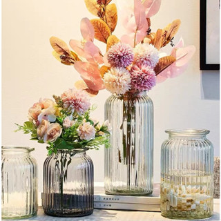 พร้อมส่งในไทย แจกันแก้วใส ลายทางทรงอวบ แจกันตกแต่งห้องนั่งเล…