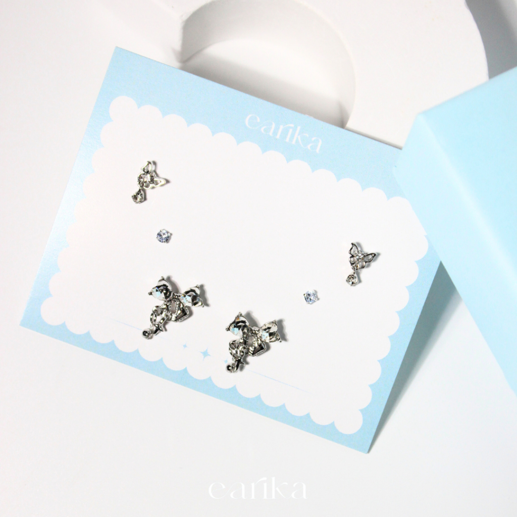 earika.earrings - crystal bow nabi set เซ็ตต่างหูโบว์ผีเสื้อ ก้านเงินแท้ชุบทองคำขาว เหมาะสำหรับคนแพ้