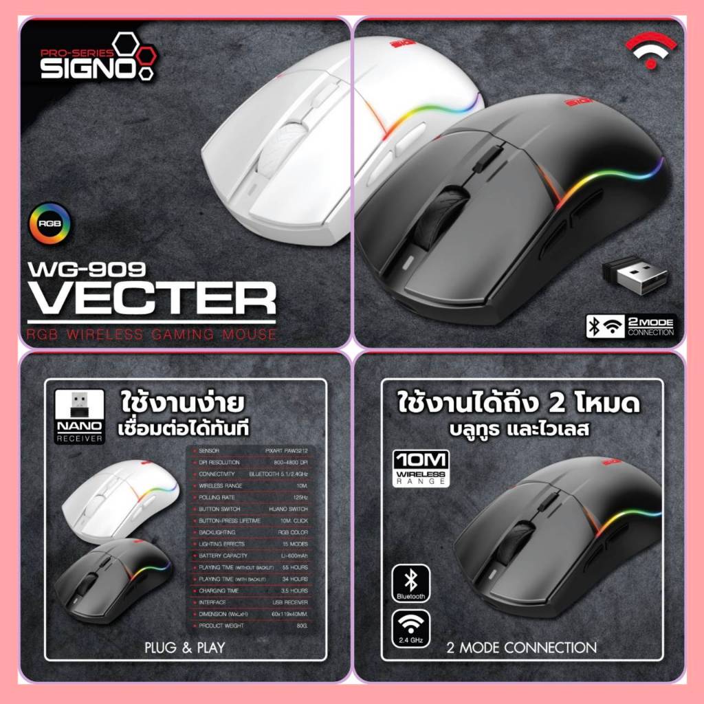 MOUSE  SIGNO RGB Wireless Gaming Mouse VECTER รุ่น WG-909 (เกมส์มิ่ง เมาส์) ประกัน 1 ปี