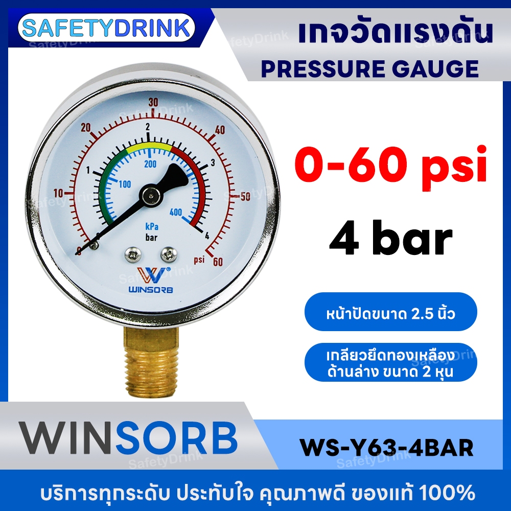 💦 SafetyDrink 💦 Pressure Gauge เกจวัดแรงดัน ยึดล่าง 0-60 PSI (4 bar) WINSORB 💦