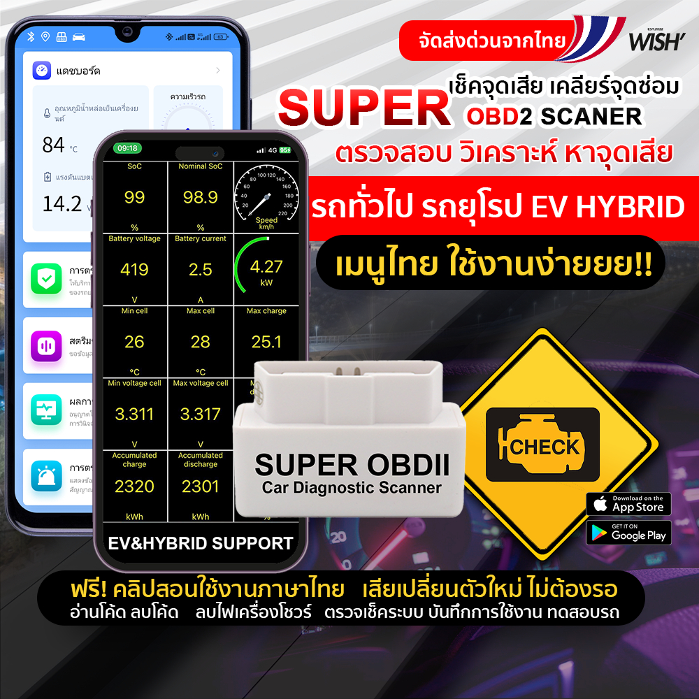 [ร้านไทย] obd2 scanner รุ่น Super obd2 ev ภาษาไทย เครื่องสแกนรถยนต์ ลบโค๊ด อ่านโค๊ด ไฟเครื่องยนต์ ไร้สาย bluetooth
