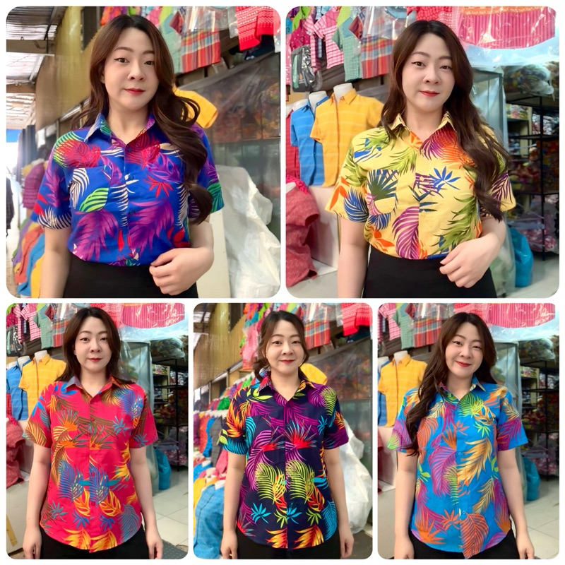 เสื้อลายดอก T5 สงกรานต์ ผ้าคัตตอน มีทรงตรงและเข้ารูป