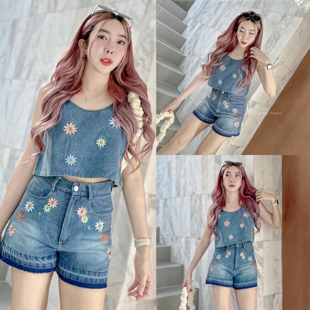 “Jean Set” ชุดเซ็ท 2 ชิ้น ยีนส์ขาสั้นปักดอกไม้ รุ่นงานแขนกุด ปักเย็บเก็บลายละเอียด งานป้าย TAG : ChipeeChuu