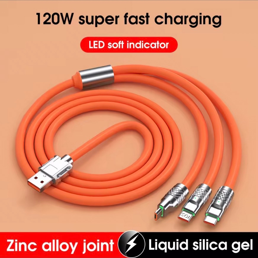 120 W 6A สายชาร์จเร็ว 3 in 1สายชาร์จ Type C การชาร์จไฟอย่างรวดเร็วซิลิโคนเหลวแบบมัลติฟังก์ชั่นสายชาร์จ USB