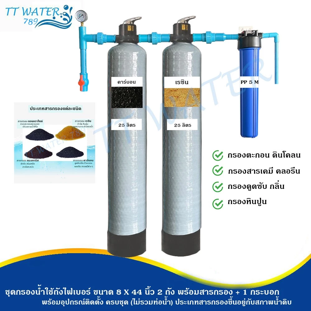 TT WATER ชุดกรองน้ำใช้ถังกรองไฟเบอร์ 8x44" 2 ถัง + กระบอกกรอง 20 นิ้ว พร้อมสารกรอง อุปกรณ์ กรองน้ำประปา/น้ำบ่อ/น้ำบาดาล