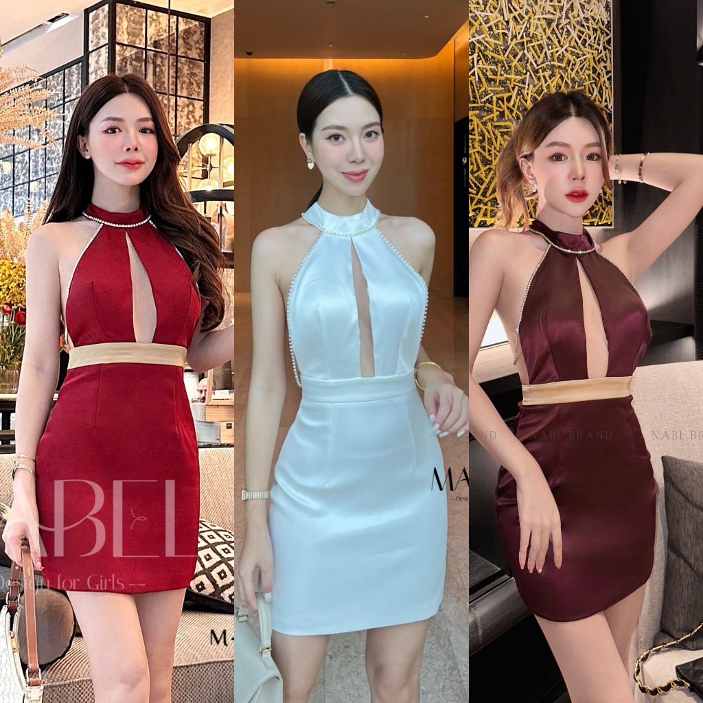 พร้อมส่ง NABI มินิเดรสเปิดหลัง แหวกอก ติดสายเพชร ใส่ปาร์ตี้ สีขาว สีแดง สีม่วง