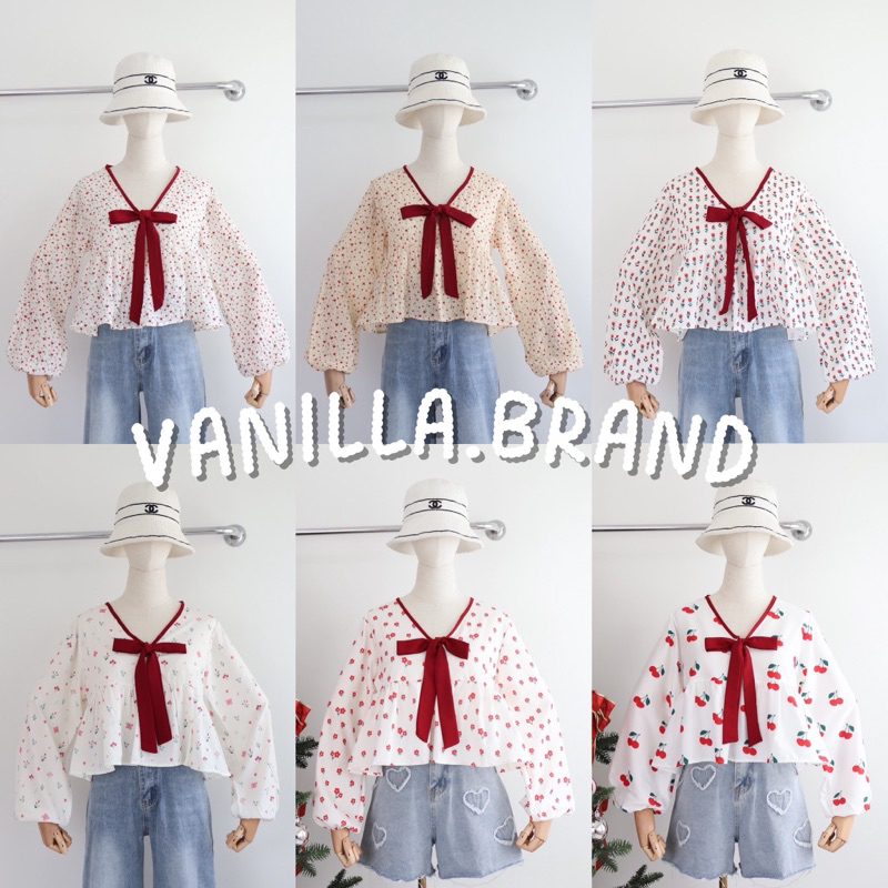 เสื้อแขนยาวคอวี ตัดขอบคอ ผูกโบว์ช่วงอก / VB0234