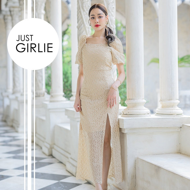 Dress Darlene เดรสลูกไม้ยาว ทรงเกาะไหล่ ธีมแดงสด คริสต์มาส ตรุษจีน วาเลนไทน์ มีไซส์ S M L