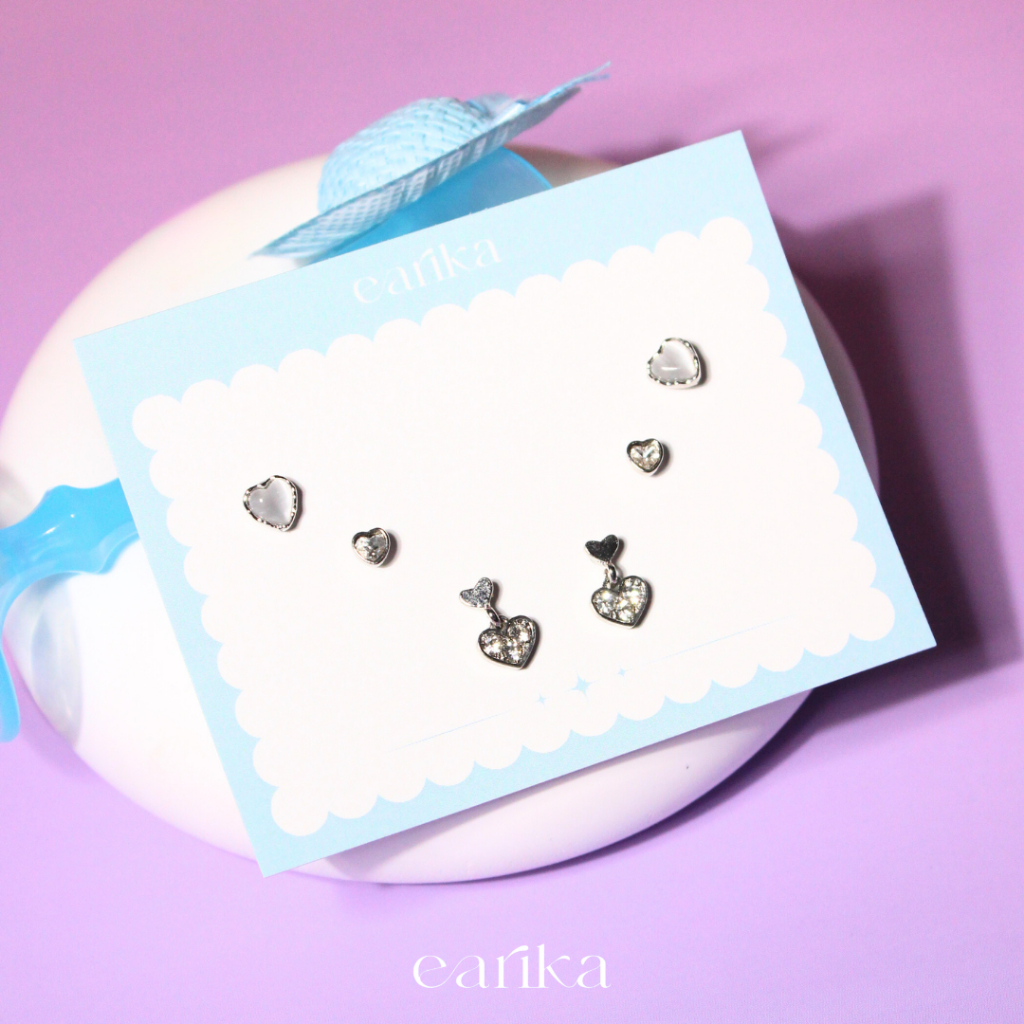 earika.earrings - smoke white mabel set เซ็ตต่างหูแป้นทับธีมหัวใจ ก้านเงินแท้ เหมาะสำหรับคนแพ้ง่าย