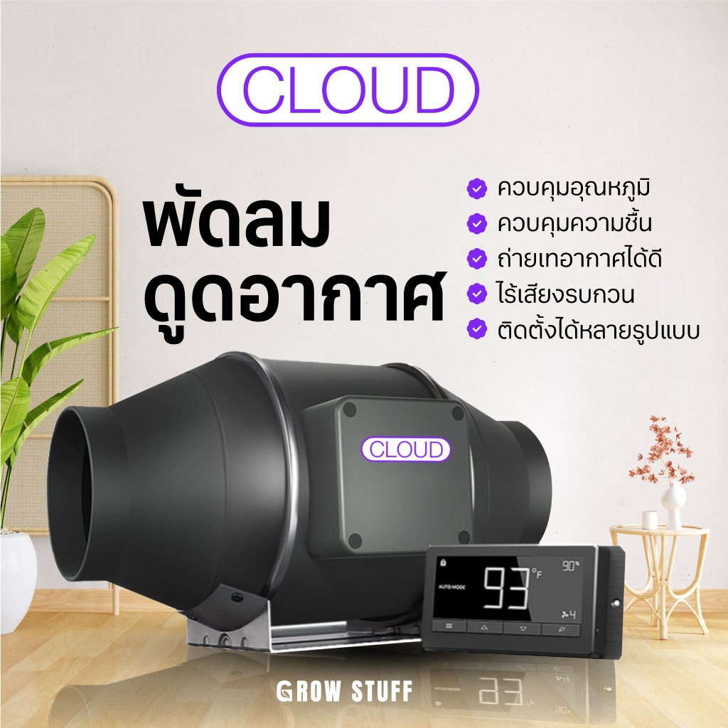 CLOUDLINE พัดลมดูดอากาศอินไลน์ พร้อมตัวควบคุมอุณหภูมิและความชื้น (รุ่นใหม่เงียบลงกว่าเดิม 30%) แถมฟรี ท่ออากาศ 2เมตร