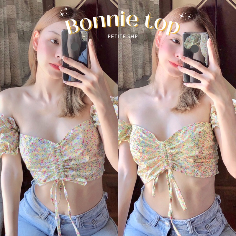 Petite♡︎ Bonnie top เสื้อครอปปาดไหล่รูดหน้า ลายดอกแฟชั่น เชือกรูดอก