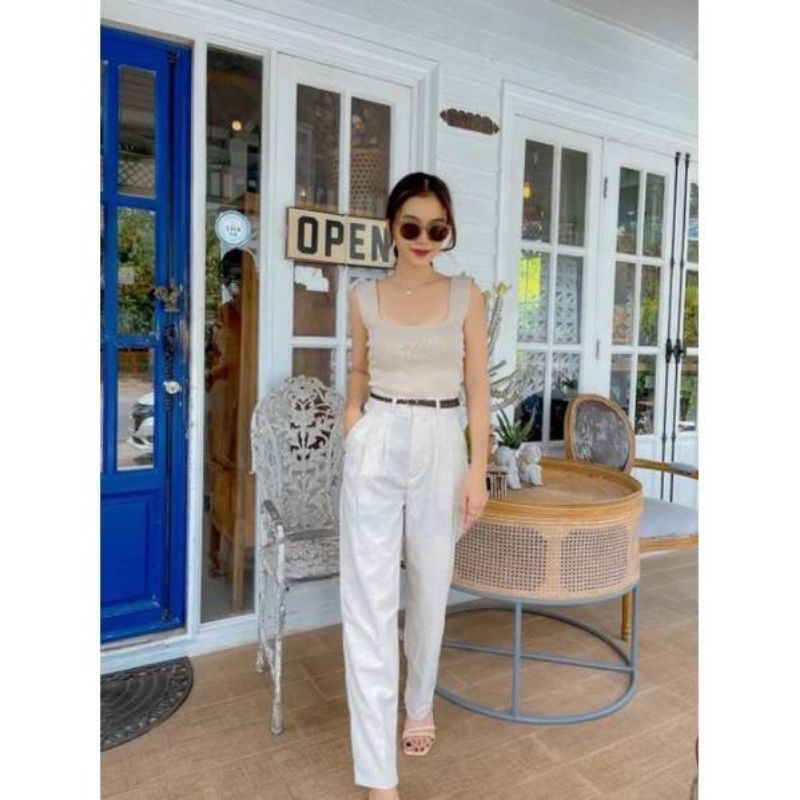 กางเกงลินินเอวสูงขายาวทรงบอยตะขอหน้าทรงสวยเป๊ะอำพรางต้นขาได้ดีมาก - รูปที่ 4